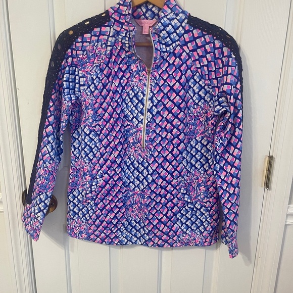 Lilly Pulitzer Skipper Popover Full Zip Small Royal Pop Up Toe In Crochet Blue - Picture 2 of 6